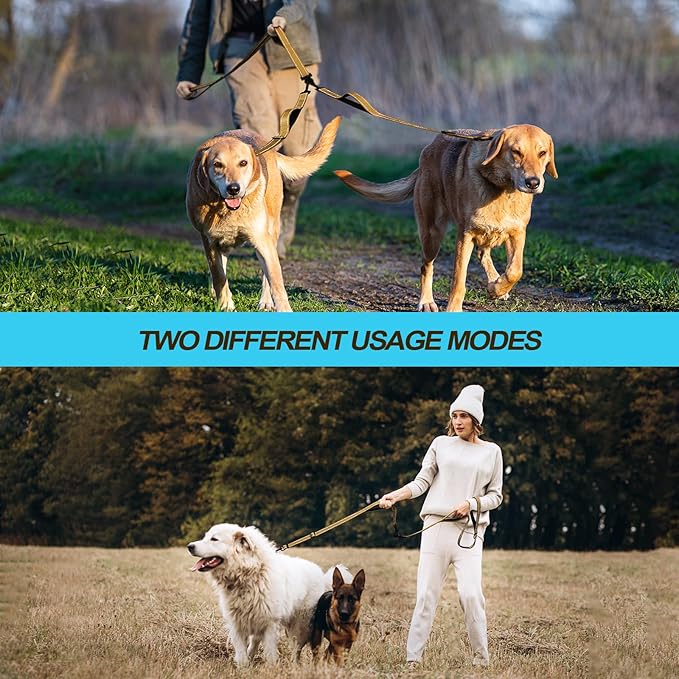 PetBonus Double Dog Leash, No Tangle Dual Leash, Reflective Walking Training Lead, 4 Comfortable Padded Handles for 2 Dogs with Collapsible Bowl and Waste Bags (Light Khaki, Large)