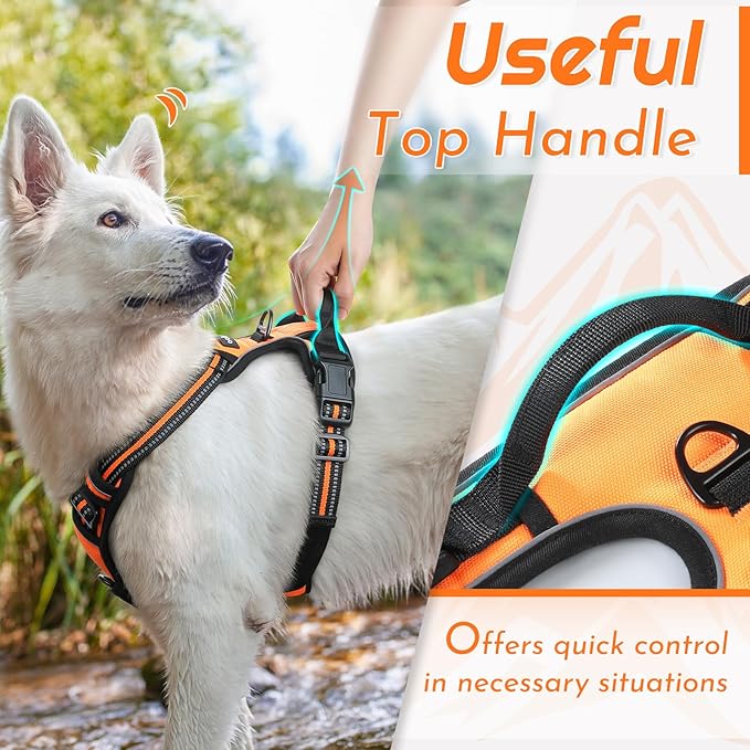 Eagloo Dog Harness for Large Dogs, No Pull Service Vest with Reflective Strips and Control Handle, Adjustable and Comfortable for Walking, No Choke Pet Harness with 2 Metal Rings, Orange, XL