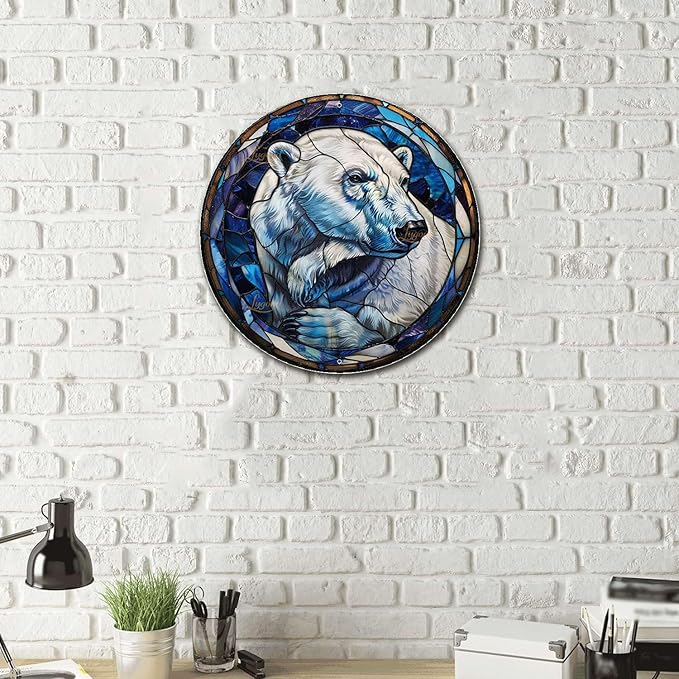 Lygond Metal Sign Tin Sign Circular Stained Glass Polar Bear Minimalist Wall Art for Gift 12×12 Inches