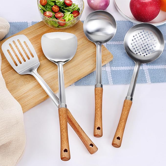 Pleafind 4-Pcs Cooking Utensils Set, Stainless Steel Kitchen Utensils with Wooden Hanlde, Kitchen Essentials Set Include Wok Ladle, Slotted Spoon, Wok Spatula and Slotted Spatula, Dishwasher Safe