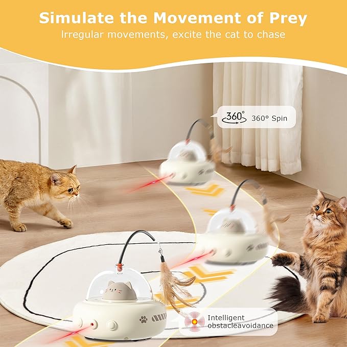 hooroor 2-in-1 UFO Laser Cat Toy – Automatic Motion with Feather, Rechargeable Smart Sensor Interactive Toy for Indoor Cats & Dogs, Fun Exercise & Play, Perfect Pet Gift