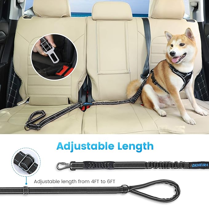 IOKHEIRA 6Ft /4Ft Dog Leash Rope for Large Dogs, Heavy Duty with Comfortable Padded Handle and Highly Reflective Threads,4-in-1 Multifunctional Dog Leashes with Car Seat Belt for Training (Black)