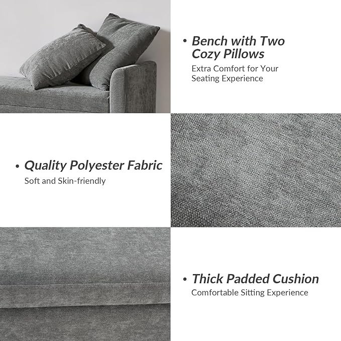 HULALA HOME Modern Storage Bench with Throw Pillows, 59.4" Extra Long Bedroom Ottoman Bench for End of Bed, Comfy Upholstered Footstool for Entryway Dining Room Living Room, Charcoal