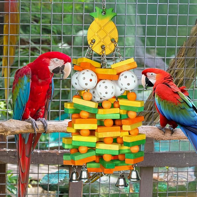 Large Wooden Bird Toys for Parrots, Cockatoos, Cockatiels, and Parakeets, Safe and Durable Shredding Cage Toy for Engaging Play Things (Pineapple)