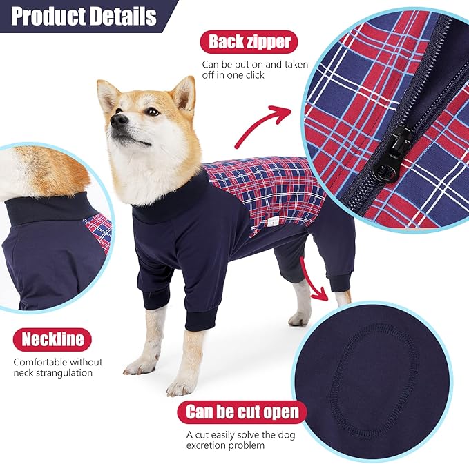 Dog Recovery Suit, Abdominal Wound After Surgery Wear, Anti Licking Bodysuit with Zipper, E-Collar & Cone Alternatives, Plaid Dog Spay Surgical Onesie Prevent Shedding(Medium, Red)
