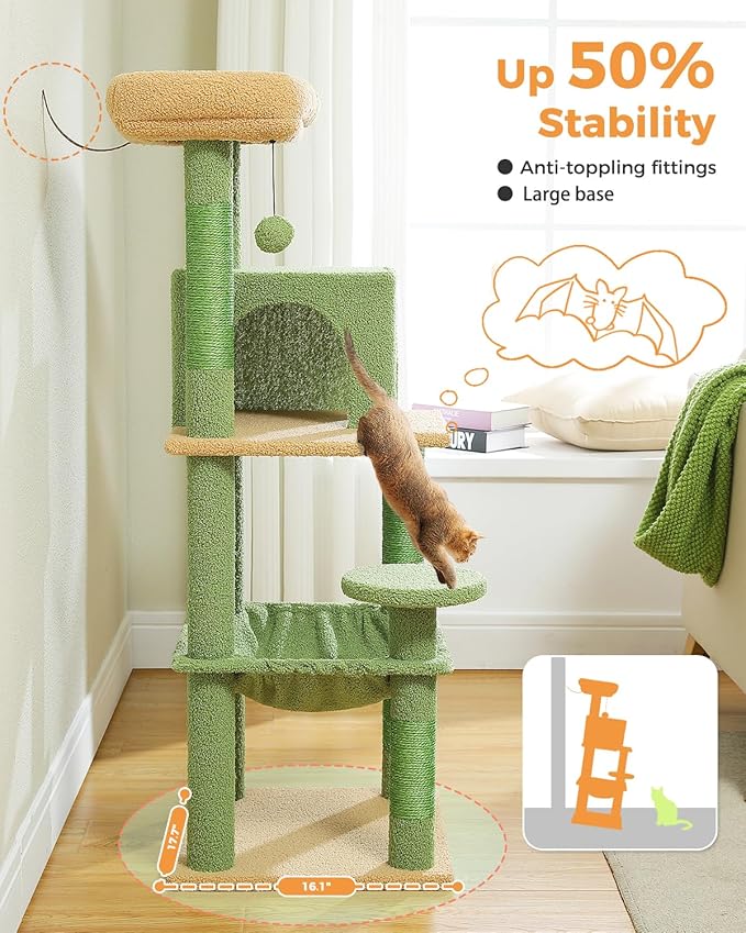Cactus Cat Tree for Indoor Cats, 45.7" Multi-Level Cat Tower with Large Metal Frame Hammock, Cat Condo with 4 Scratching Posts and Top Perch, Green