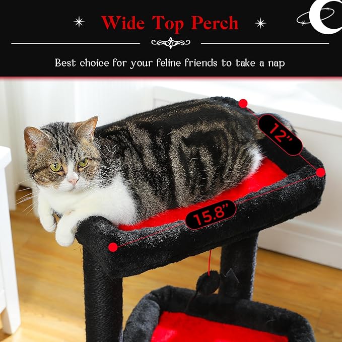 PEQULTI Cat Tree Gothic Cat Tower for Indoor Cats with Private Cozy Cat Condo, Natural Sisal Scratching Posts and Plush Pom-pom for Small Cats Black