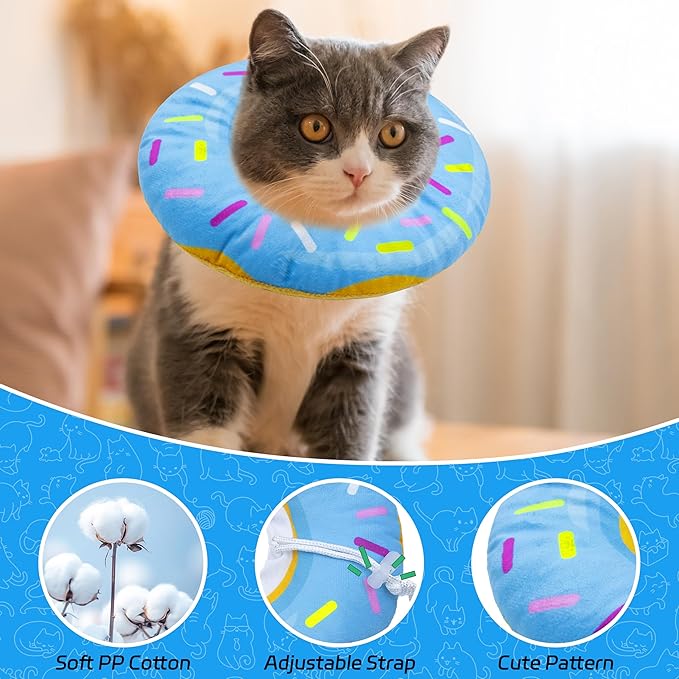 Cat Cone Collar Soft, Adjustable Cat Recovery Collar Spay Cones to Stop Licking, Cute Donut E Collar After Surgery, Anti-Lick Wound Healing Elizabethan Collars for Kittens(Donut Blue, Small)