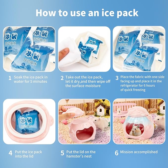 3-in-1 Bear Shaped Ceramic Hamster House - Cool House for Syrian Dwarf Hamsters, Mice, Gerbils， Small Pets, Top for Hamster Food, Removable Lid for Ice Packs, Cute Cool Hideout for Summer（Pink）