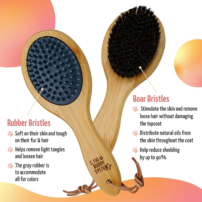 The Buddy System Combo Bristle Pet Brush, 2-in-1 Brush, Durable Rubber Side and Soft Boar Bristle Side - All Pets and Coat Lengths - Top Coat Massage for Cats & Dogs - 1 Pack