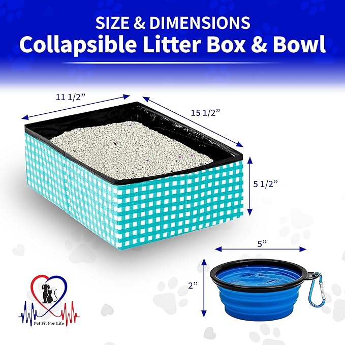 Pet Fit For Life - Vibrant Collapsible Travel Cat Litter Box - Portable, Foldable, Compact Design with Bonus Water Bowl - Ideal for Car & Camping - Reusable, Cats Safe - Teal, (16"x12"x5")
