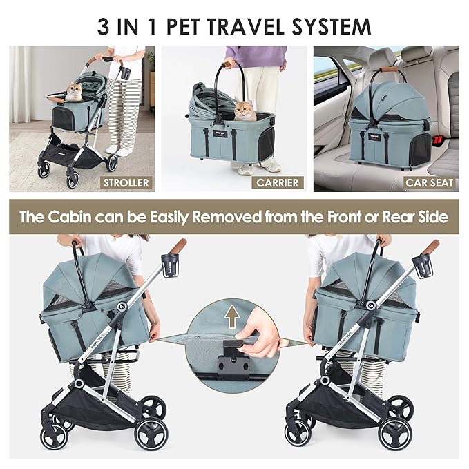 T3 Pro 3-in-1 Small Pet Stroller for Dog & Cats, 4 Wheels with Detachable Carrier with Pad, Canopy and Cup Holder, Green