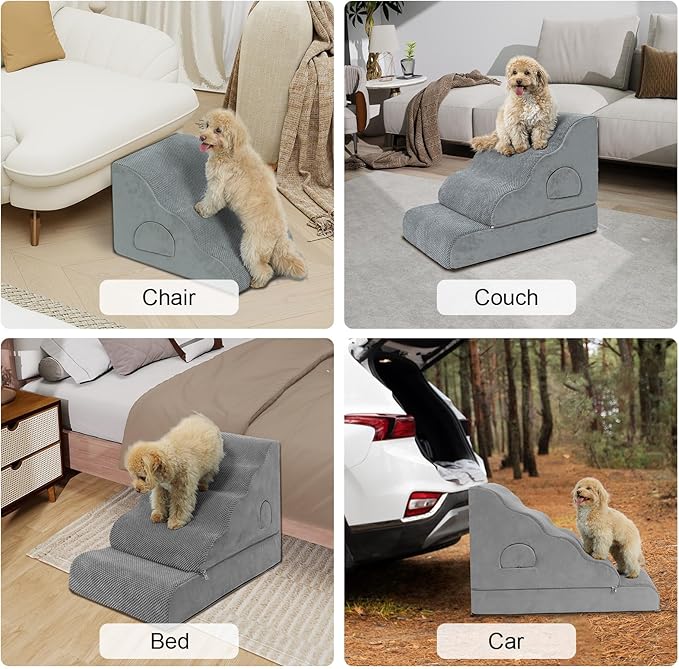 Dog Stairs for Small Dogs 19.7" H, 4-Step Dog Steps for High Bed, High-Density Foam Curved Pet Stairs with Non-Slip Removable Washable Cover to Get on Bed