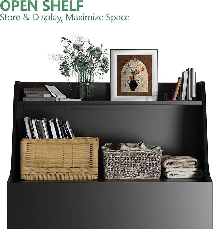 Large/Tall Litter Box Enclosure, Modern Wooden Litter Box Furniture for XL Litterbox with Open Shelf as Sideboard Cabinet (Black)