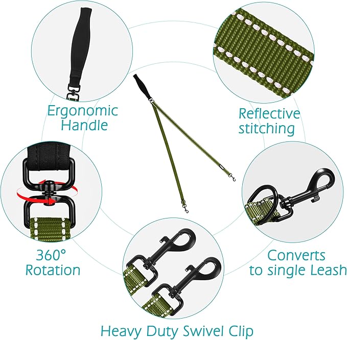 PetBonus Two Point Control Dog Leash, Works with No Pull Harnesses, No Tangle Dog Training Leashes, No Pull Padded and Reflective Walking Lead, Converts to Single Leash for Large Dogs (Khaki Green)