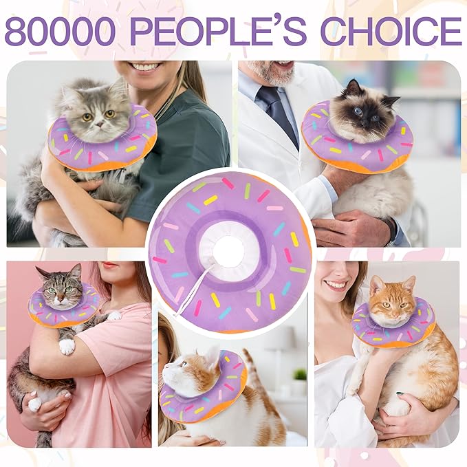 Cat Cone Collar Soft, Cute Cat Donut Collar After Surgery, Adjustable Kitten Recovery Cones to Stop Licking, Lightweight Neck Elizabethan Collars for Cats Kittens (Purple, Medium)