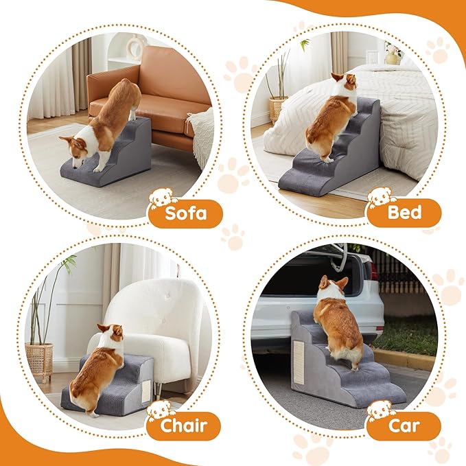 Dog Stairs for Small Dogs, 4-Step Dog Ramp for Bed 19.7" H, Dogs Steps for Bed, Couch, Pet Stairs with Non-Slip Bottom Design, Cat Scratching, High Density Foam Portable Pet Steps, Indoor, Grey