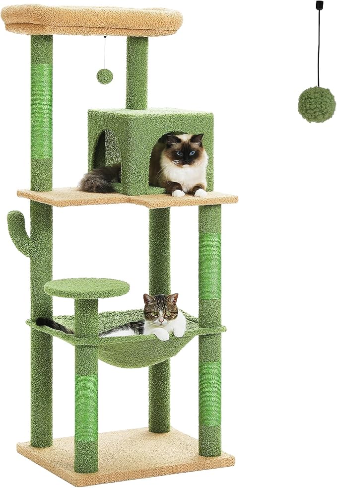 PETEPELA 56.3'' Tall Cat Tree for Indoor Cats, Cactus Cat Tower with Super Large Hammock (20''X16''), Sisal Covered Scratching Posts, Cozy Condo and Top Perch Green
