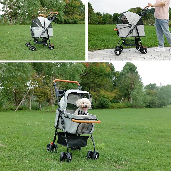 Pet Stroller with Storage Basket and Cup Holder, Folding Dog Jogger, Foldable Cat Stroller, 3 in 1 Puppy Kitten Cart, Pet Jogger for Medium Dog Cat (Gray)