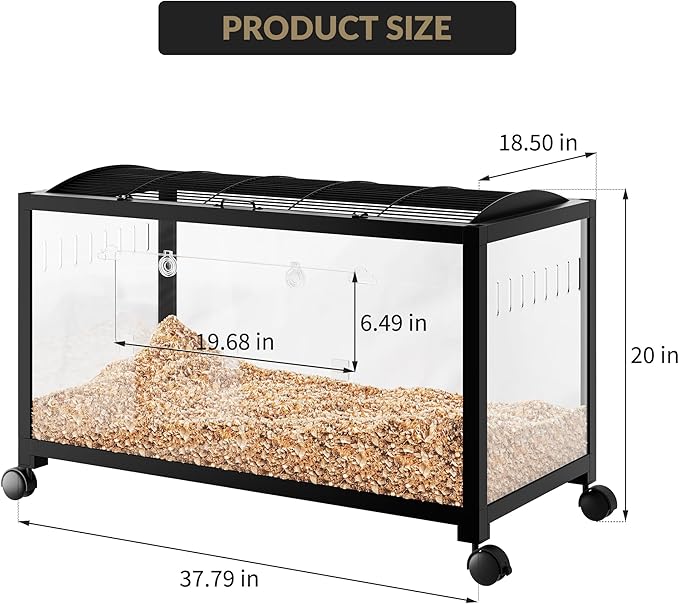 Large Metal Hamster Enclosure Rat Cage with 360 Viewing Acrylic Sides, Ventilated Front Door & Openable Top, Portable Hamster Tank for Guinea Pig, Chinchilla, Gerbil, 37.8''Lx18.5''Wx20''H Black
