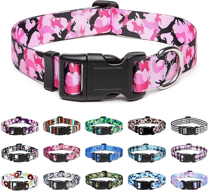 Mercano Adjustable Dog Collar - Special Design Patterns, Soft Nylon Comfortable Durable Pet Collar for Small Medium Large Dogs (XS, Dog Camouflage Pink)