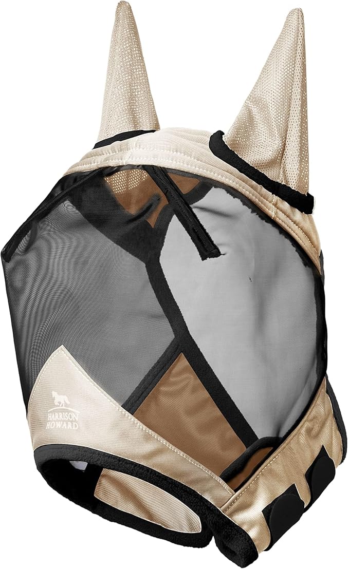 Harrison Howard Pro Luminous Horse Fly Mask Standard with Ears UV Protection for Horse Light Champagne Large Full Size