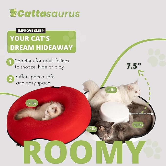 CATTASAURUS Peekaboo Cat Cave for Multiple & Large Cats Up to 30-45 Lbs, Scratch Detachable & Washable Tunnel Bed, Comfy Donut Cat Cave (Ruby Snowball, Large)