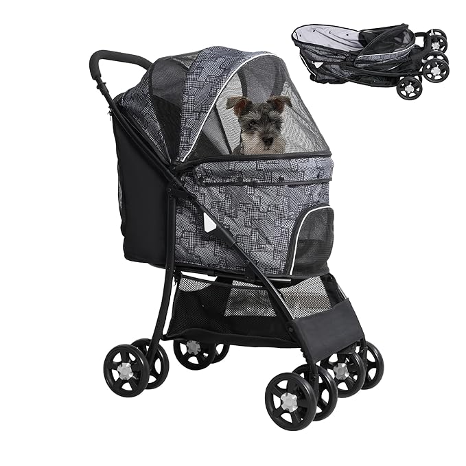 Lightweight Pet Stroller for Small/Medium Dogs and Cats - Foldable Travel Carriage with Storage Basket, Breathable Mesh & 4 Wheels - Up to 33 lbs – Black