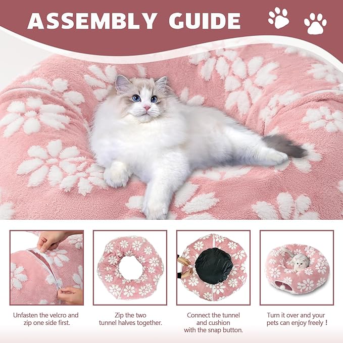 Cat Tunnel for Indoor Cats, Cute Peekaboo Cat Cave with Dangling Balls, Pet Donut Tunnel Bed with Circle Mat for Puppy Kitten Rabbit, Pink