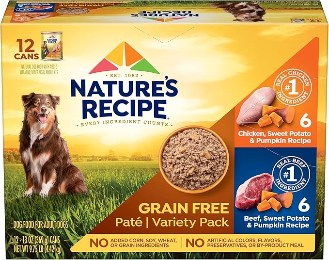 Nature's Recipe Grain Free Chicken and Beef Recipes Variety Pack Wet Dog Food, 13oz. Cans