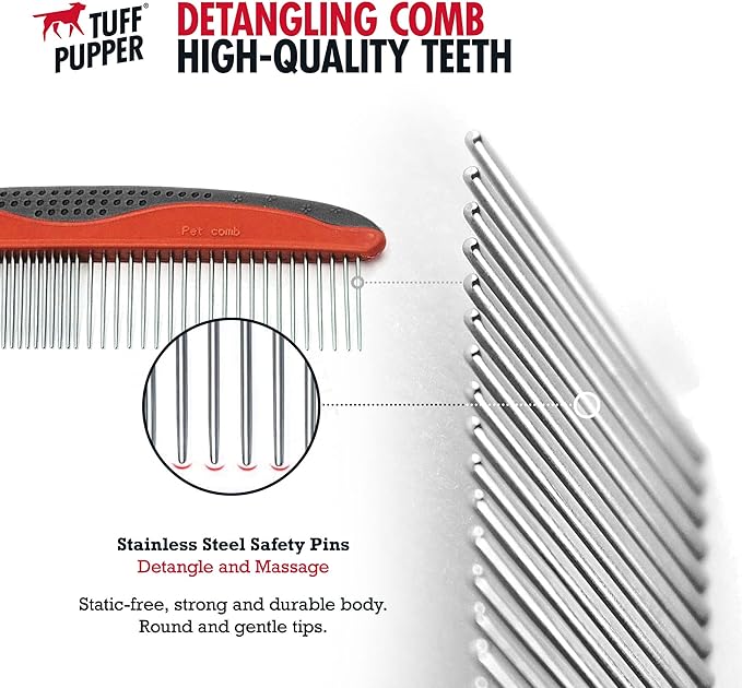 Tuff Pupper Dog Grooming Comb Set | Easily & Safely Remove Dead, Matted Knotted Hair | Ergonomic Pet Detangling Combs | No-Slip Safety Handle For Precision Control | Rounded Tips Prevent Scratching