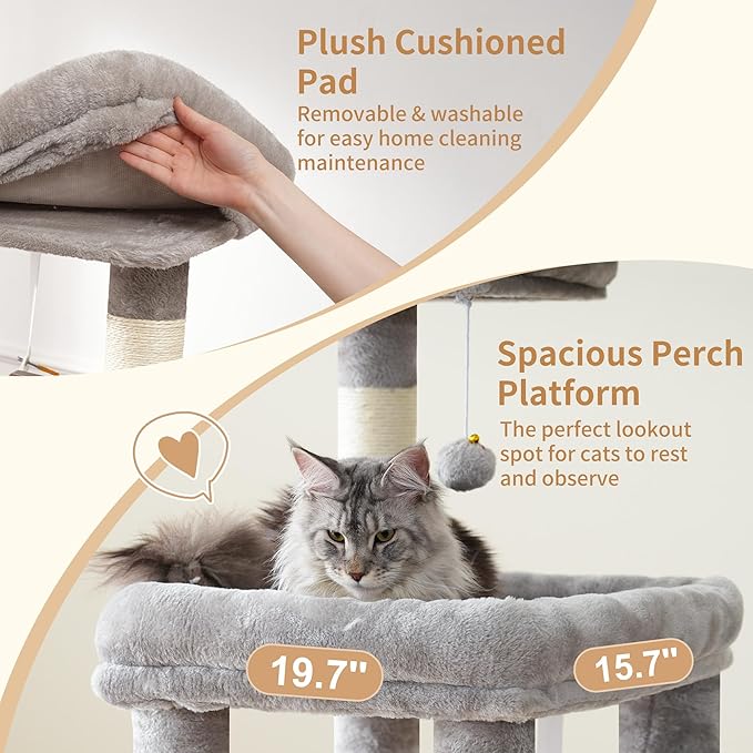 Heybly Heavy Duty Cat Tree, 71-Inch Tall Tower for Large Maine Coon with Extra-Large Baseboard, Cat Condo Furniture with Multi-Level Platforms, 2 Hammocks and 12 Scratching Posts, Light Gray HCT037W