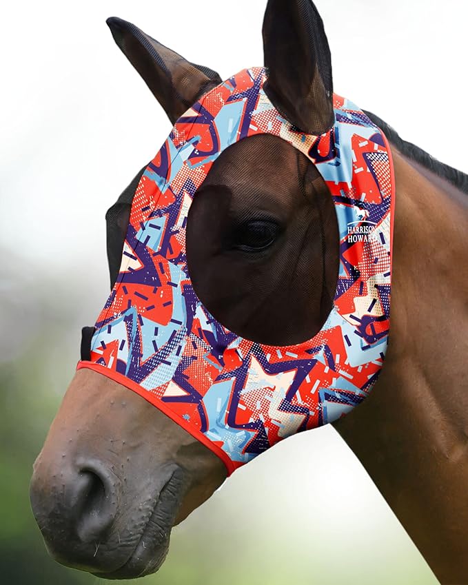 Harrison Howard Super Comfort Stretchy Fly Mask Large Eye Space with UV Protection Soft on Skin with Breathability Orange Geo Print M Cob