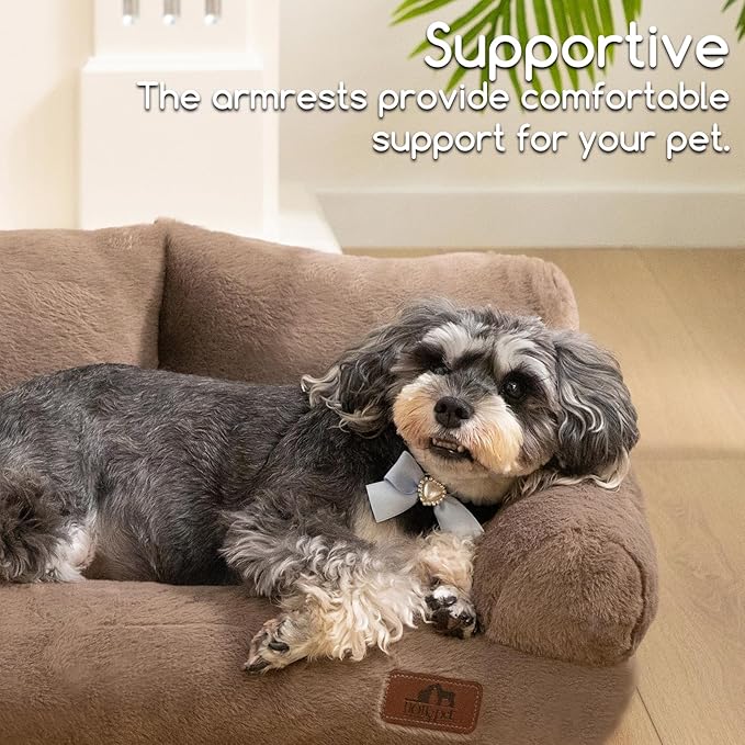 Hollypet Fluffy Plush Pet Sofa Soft Calming Pet Sofa Beds for Medium Small Cats and Dogs, Dark Brown