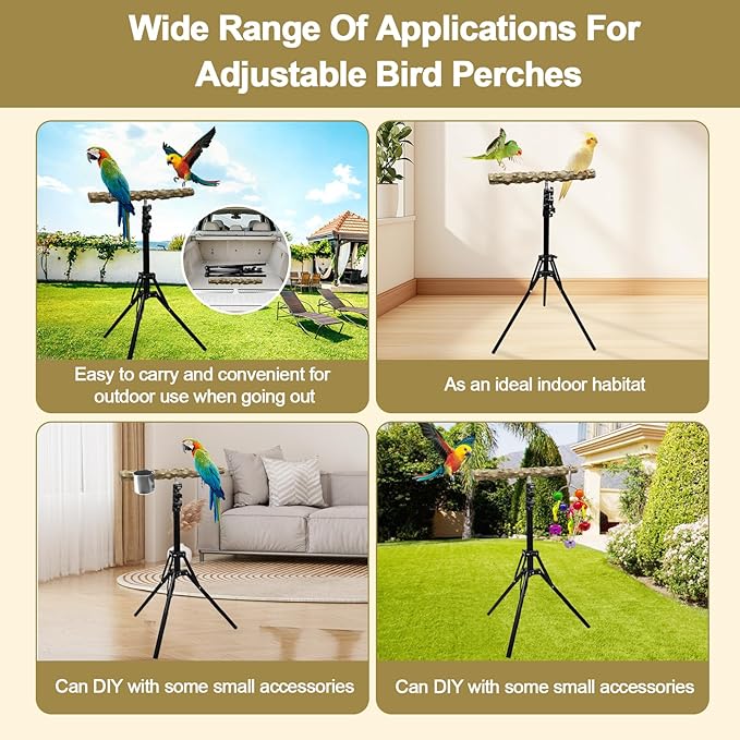 16-63 Inch Height Adjustable Bird Perch Pepper Wood Bird Training Perch Stand Parakeet Perches Indoor and Outdoor Parrot Stands for Small to Medium Bird