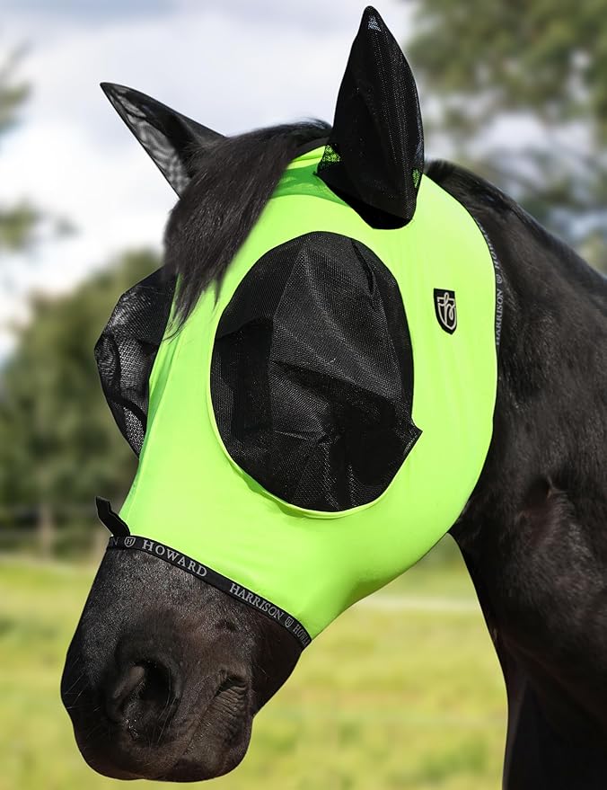 Harrison Howard Horse Fly Mask with Forelock Opening Stretch Breathable and Comfortable for Horses UV -Protection Fluorescent Yellow L