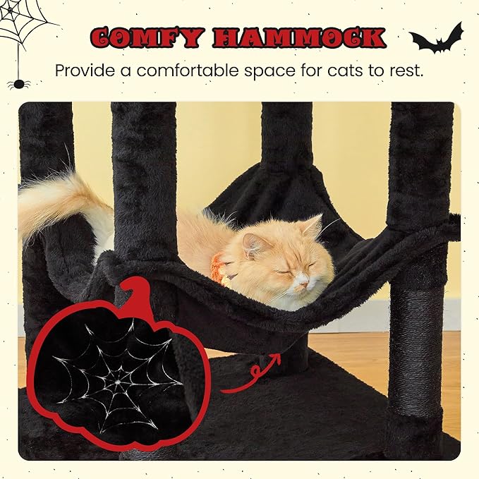 MWPO Gothic Large Cat Tree, 70.1-Inch Multi-Level Tall Cat Tower for Indoor Cats, Plush Cat Condo with Big Padded Perches, Sisal-Covered Scratching Posts, Hammock, Toys for Kittens & Cats, Black