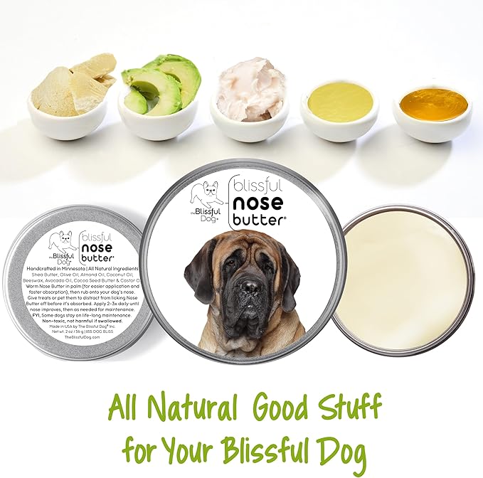 The Blissful Dog Mastiff Nose Butter for Dry, Cracked Skin, Lick-Safe Dog Nose Balm with Moisturizing Shea Butter, Almond, Olive, and Essential Oils, Pet Supplies, Uncented, 4 oz.