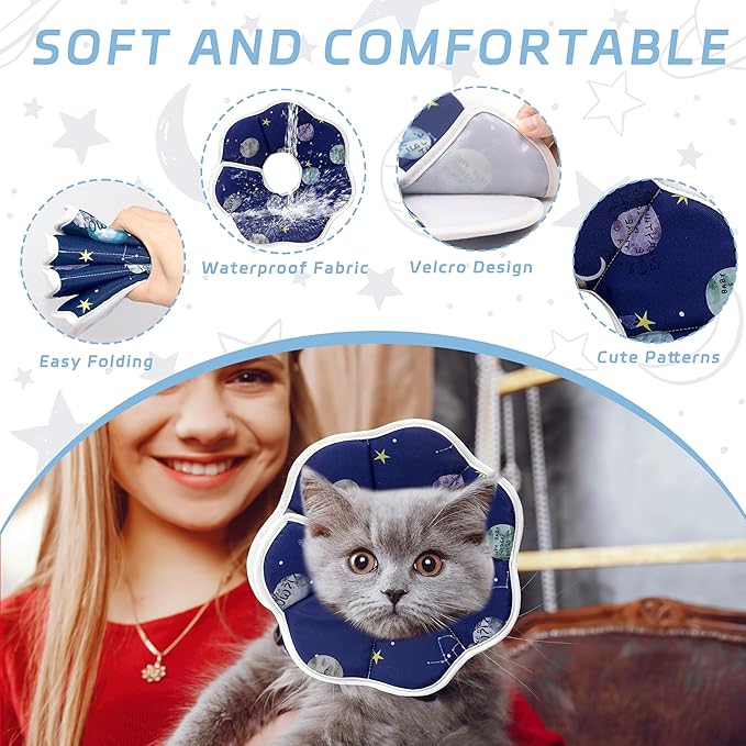 Soft Adjustable Cat Cone Collar, Comfortable Recovery Collar for Cats After Surgery (Blue, Large)