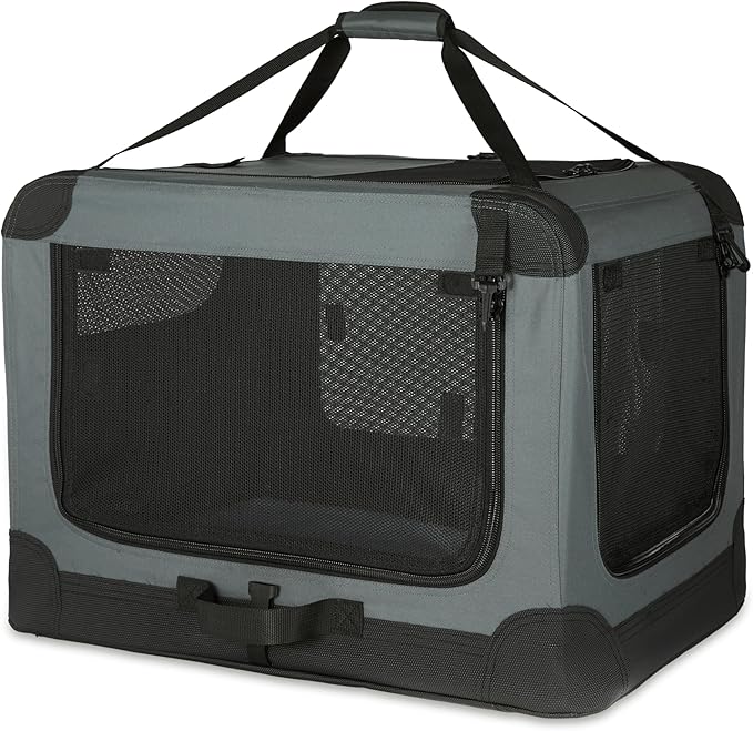 Amazon Basics 4-Doors Portable Soft-Sided Folding Travel Crate Kennel for cat, Dog, and Other Small Animals, Grey, S 26" x 18" x 18"