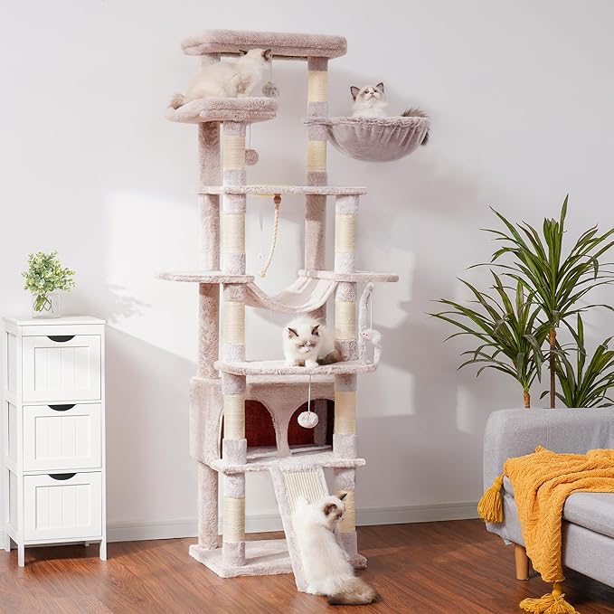 Heybly Tall Cat Tree, 78-inch Multi-Level Cat Tower for Indoor Cats, 2 Widened Plush Perches Cat Condo with Scratching Board and Big Caves, Muchroom HCT033MU