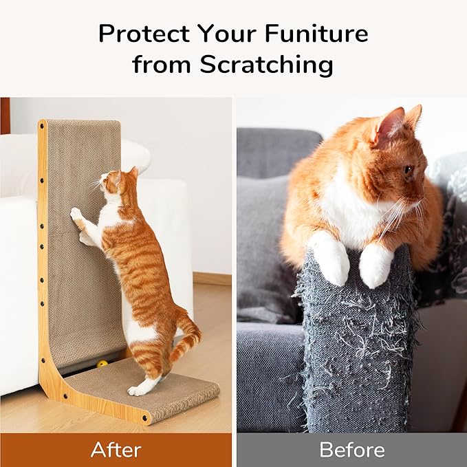 FUKUMARU Cat Scratcher, 32.7 Inch L Shape Cat Scratch Pad Wall Mounted, Cat Scratching Cardboard with Ball Toy for Indoor Cats, Extra Large
