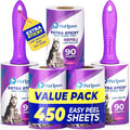 PetLovers Extra Sticky Lint Roller Mega Value Set 450 Sheets for Pet Hair Removal and Clothes, Dog and Cat Lint Remover 5 Pack Purple