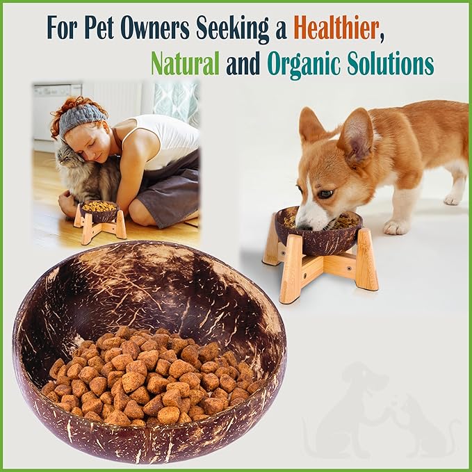 Raised Dog Bowl for Small Dog - Elevated, Ants-Off Stand, Real Coco Bowl, Height 5-inch, 33-oz Dish Capacity - Coconut/Bamboo Natural Calming Effect