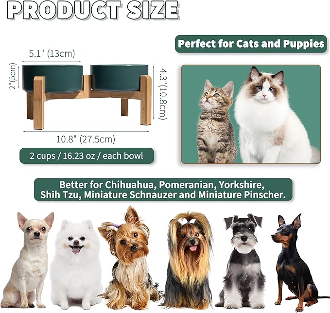 Elevated Ceramic Dog Bowl Set - Raised Feeding Bowls with Non-Slip Bamboo Stand - Small Pet Dishes for Food and Water - Ideal for Cats and Puppies - 16.23 OZ - 2 Cups - 480 ML