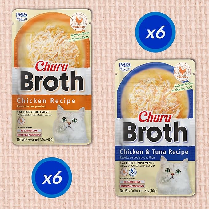 INABA Churu Broth for Cats, Side Dish Pouch, 1.4 Ounces per Pouch, 12 Pouches, Chicken and Tuna Variety