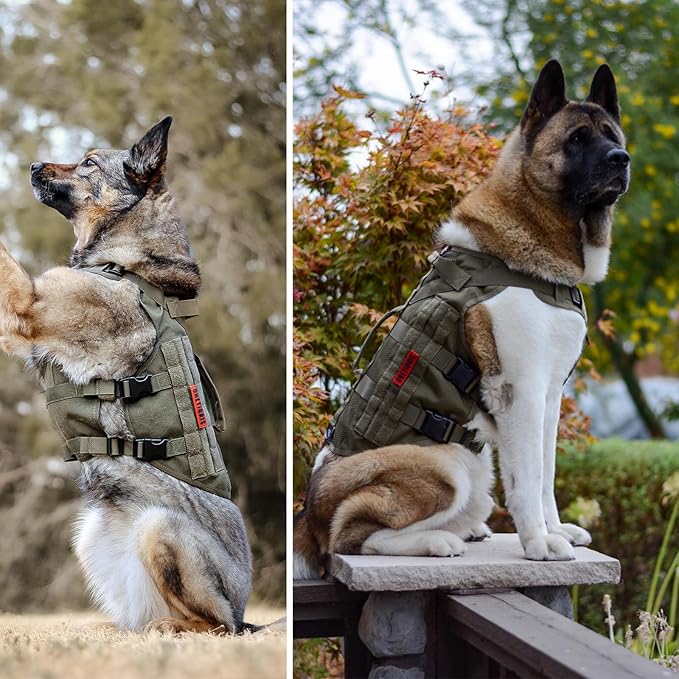 OneTigris No Pull Tactical Dog Mesh Harness for Medium Dogs, Aire Mesh Breathable Military Dog Molle Vests with Handles, Service Dog Vest Harness for Walking Hiking Training Green