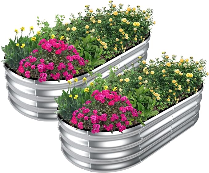 SnugNiture Galvanized Raised Garden Bed Outdoor, 2 Pcs 4x2x1ft Oval Metal Planter Box for Planting Plants Vegetables, Silver