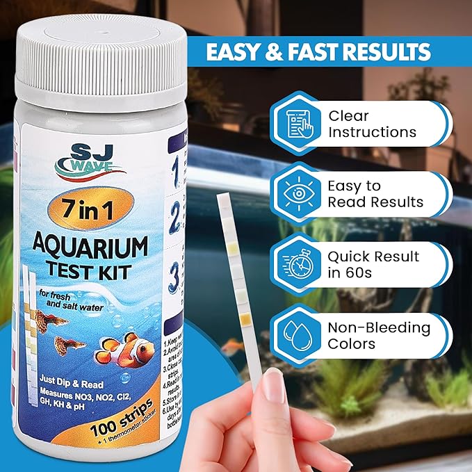 7 in 1 - Aquarium Test Strips | 100 Fast & Accurate Strips | Fish Tank Aquariums Water Test Kit & ebook | Aquarium Thermometer | Fish Tank Water Testing Kit for Fresh & Saltwater | Versatile Usage