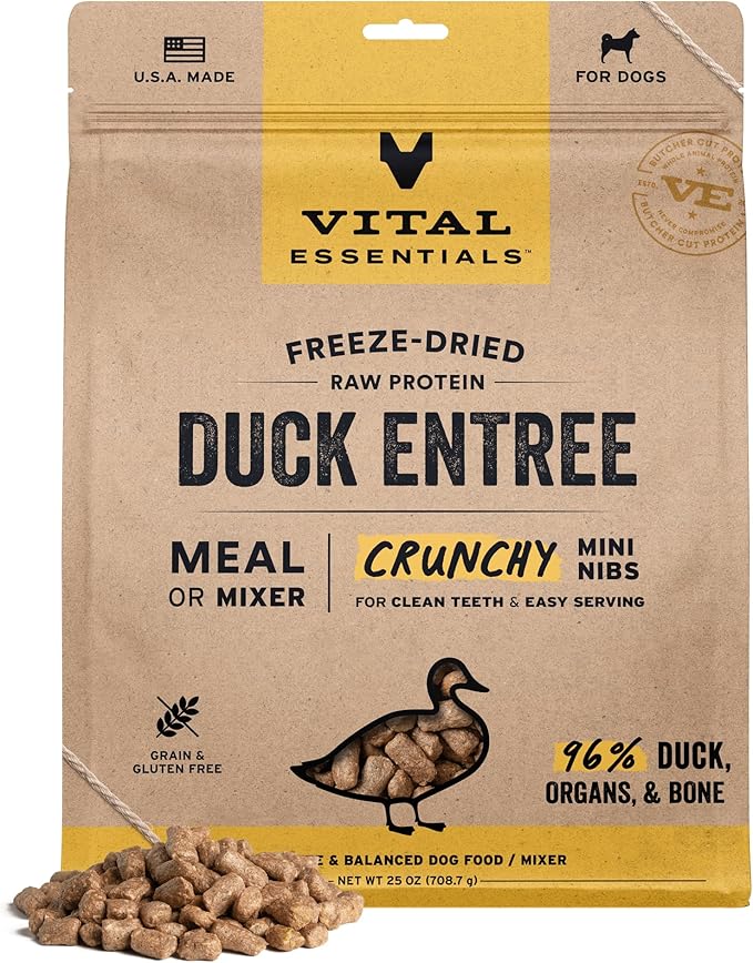 Vital Essentials Freeze-Dried Raw Duck Meal or Mixer Dog Food Crunchy Mini Nibs, 25 oz